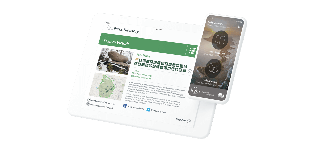 iPad and mobile showing the Parks Victoria Parks Discovery App by Wave Digital App Development in Melbourne